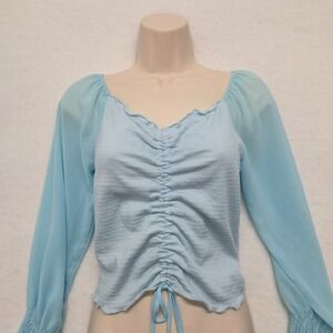 Shinesear Blue Ruched Drawstring Long Sleeve‎ Chiffon Top - Size M